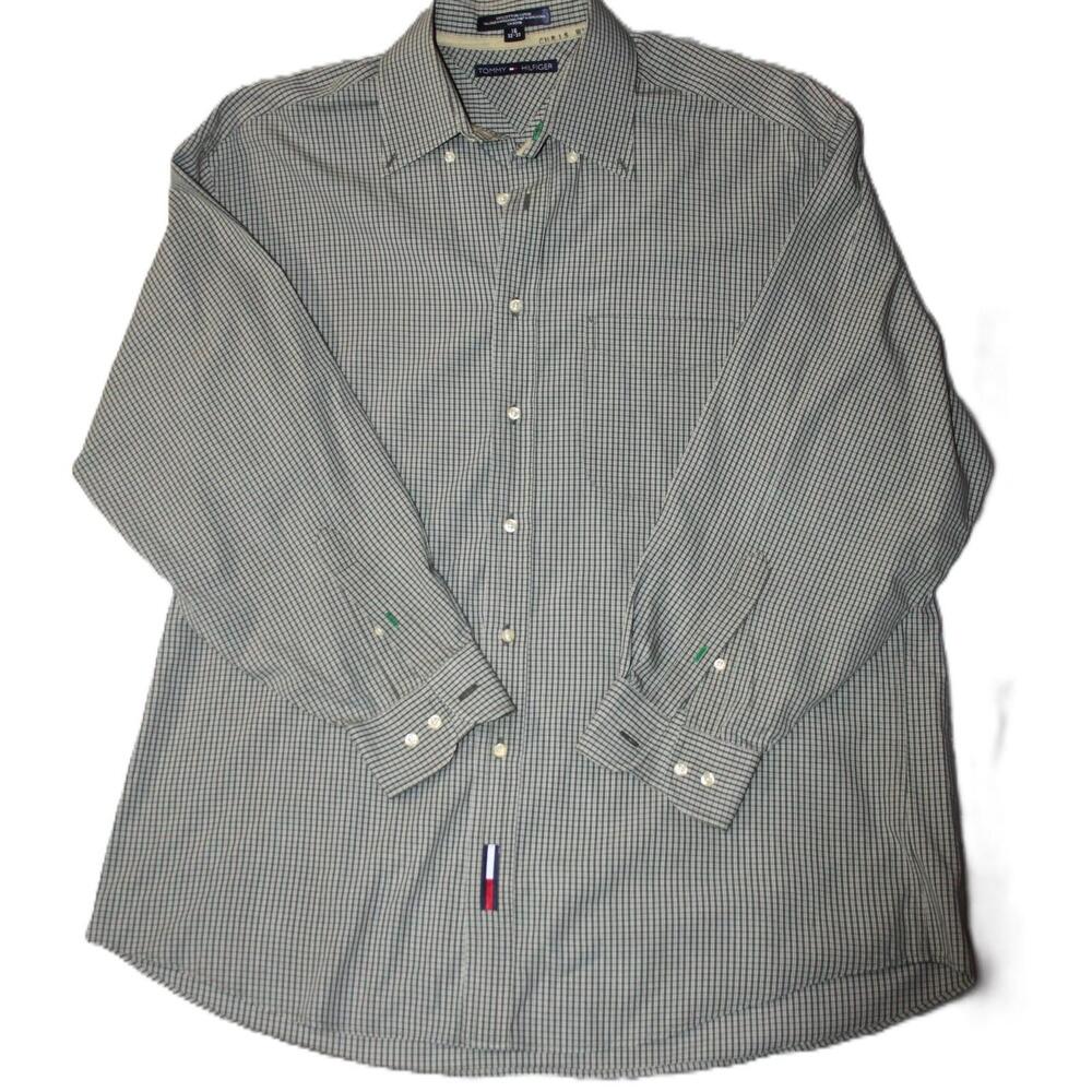 Tommy Hilfiger Shirt Mens L Green Check Button Up Long Sleeve Pockets Cotton